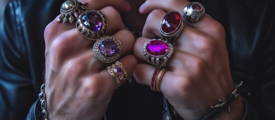 Sticker - Man wearing big silver rings adorned with purple and red gems.