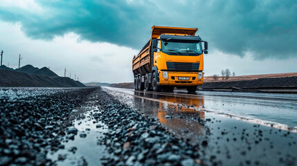 Yellow dump truck on a wet asphalt road under a stormy sky, with piles of coal in the background.