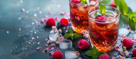 Wall Mural - Iced herbal tea with raspberries and ice, served in Islamic glasses with selective focus.