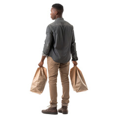 Full length shot of a young african american man carrying grocery bags walking and looking back