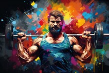 Watercolor Abstract Illustration Of Bodybuilding. Waist-high Athletic Man With Barbell In Colorful Paint Splash Style. Athlete Watercolour Painted In Gym. Sport Background With Brush Strokes Splatters