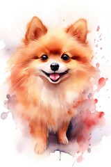 Watercolor illustrations of a Pomeranian, cute pet, dog, friend, companion dog.