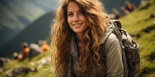 Beautiful Lady Woman Girl Female Face Portrait At Nature Outdoor Background Landscape. Freedom And Vacation Spiritual