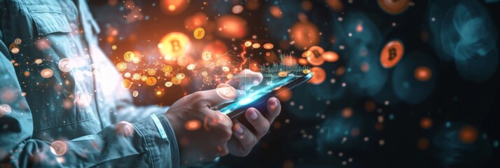 Wall Mural - conceptual image of a person holding a smartphone, with digital currency symbols and data streaming 