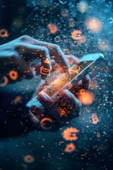Wall Mural - conceptual image of a person holding a smartphone, with digital currency symbols and data streaming 