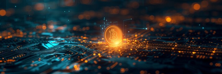 Wall Mural - image of a digital currency symbol as a shining beacon on a dark, complex digital background, repres