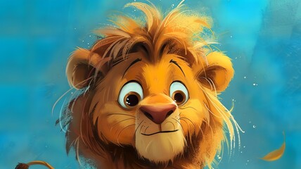 Poster - a portrait of a funny, cute, big-eyed, shaggy-haired lion created by artificial intelligence