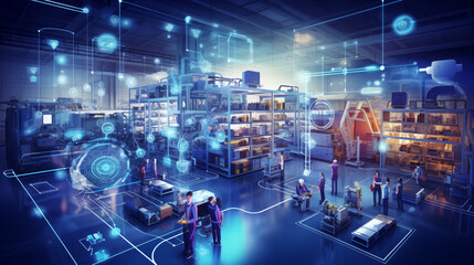 digital optics network in blue circuitry, integration of connected devices to optimize production, m