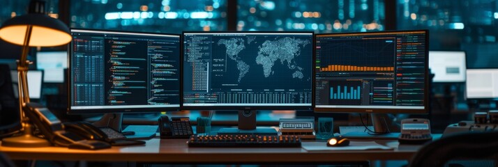 Wall Mural - image of a sleek, modern workspace with multiple screens displaying cryptocurrency markets, coding s