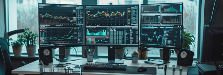 Wall Mural - image of a sleek, modern workspace with multiple screens displaying cryptocurrency markets, coding s