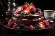 Chocolate cake with fruits, strawberries and cherries. Cake on a dark brown backgr, generative IA