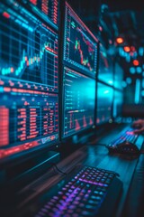 Wall Mural - image of a sleek, modern workspace with multiple screens displaying cryptocurrency markets, coding s