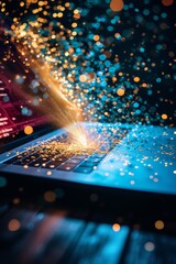 Wall Mural - image of an open laptop with a burst of light and cryptocurrency symbols emanating from the screen, 