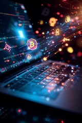 Wall Mural - image of an open laptop with a burst of light and cryptocurrency symbols emanating from the screen, 