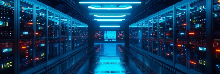 Wall Mural - panoramic view of a server room with rows of processors and digital screens displaying cryptocurrenc
