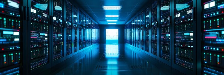 Wall Mural - panoramic view of a server room with rows of processors and digital screens displaying cryptocurrenc