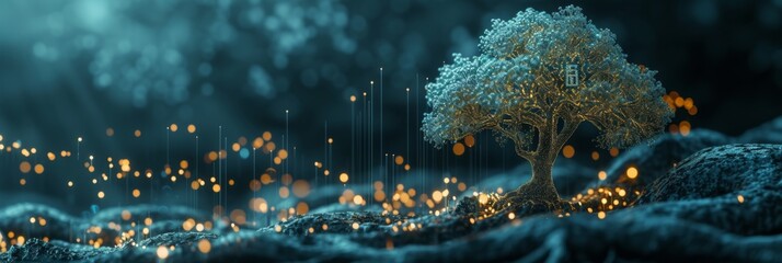 Wall Mural - photorealistic concept of a digital tree whose leaves are various cryptocurrency symbols, representi