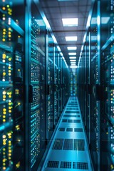 Wall Mural - panoramic view of a server room with rows of processors and digital screens displaying cryptocurrenc