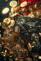 Wall Mural - photorealistic concept of a digital wallet overflowing with various cryptocurrency coins, symbolizin