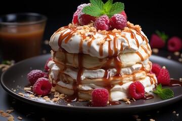 Wall Mural - Meringue cake with cream and strawberry sprinkled with strawberry syrup, generative IA