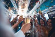 party people clinking glasses in festive limo interior