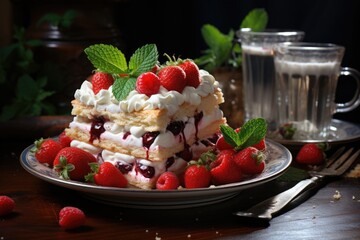 Wall Mural - Pies with strawberries, currant and whipped cream, decorated with mint leaves, generative IA