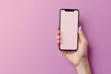 3D vector hand holding mobile phone isolated on purple background Hand using smartphone with empty screen for mockup mobile pink concept. 