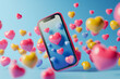 © imlane - 3D social media online platform concept online social communication on applications Mobile phone with heart and love emoji icon like and play in red bubble 3d icons.