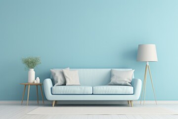 Cozy living room in a minimalist Scandinavian style with a sofa, pillows and a chair nearby and with blue walls.