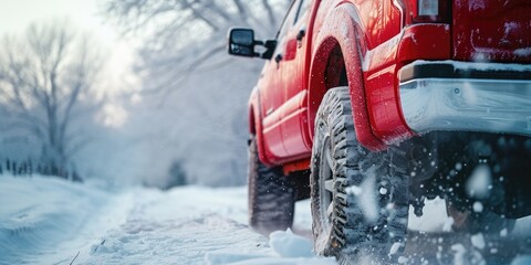 Wall Mural - A red truck driving down a snow covered road. Perfect for winter landscapes and transportation themes