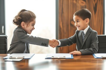 two kids in suits shaking hands like business partners in a meeting room