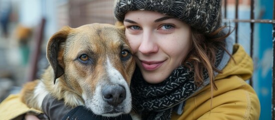 Poster - Woman volunteering with a homeless dog outside the animal shelter.