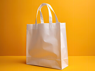 Wall Mural - Blank White Shopping Bag with Handles on Yellow Background - Generative AI