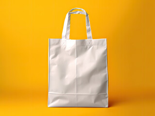 Wall Mural - Blank White Shopping Bag with Handles on Yellow Background - Generative AI