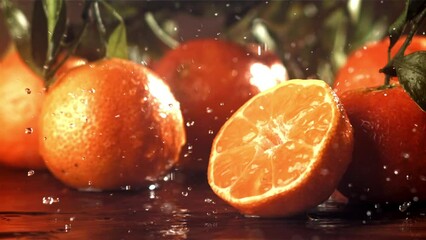 Wall Mural - Raindrops drip on a fresh tangerine. Filmed on a high-speed camera at 1000 fps. High quality FullHD footage