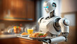 Ein weiblicher Roboter serviert Frühstück, im Hintergrund die Küchenzeile