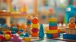 Kindergarten birght colored toys close up photo with pyramids. Cinematic photo of Montessori early education attributes. High quality