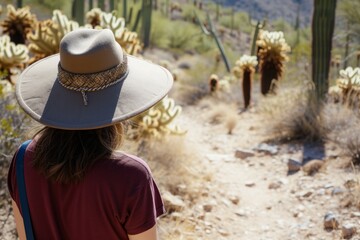 Wall Mural - traveler in widebrimmed hat observing cacti on a desert trail