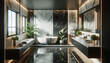 Modern luxury bathroom interior with a side view mock-up. The design features dark marble background walls, creating a sophisticated