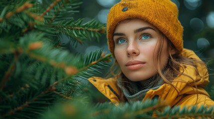 Wall Mural - A girl on a high tree cuts young pine shoots. 