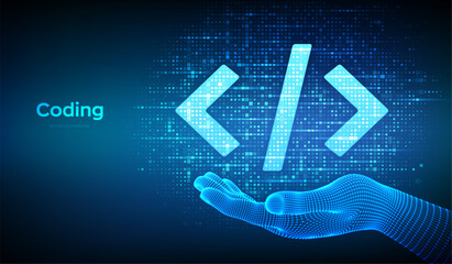 Wall Mural - programming code. coding or hacker sign. programming code icon made with binary code in wireframe ha