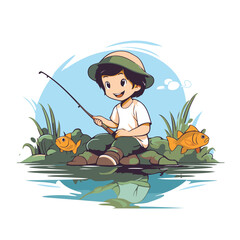 Wall Mural - Little boy fishing on the river. Vector illustration in cartoon style.