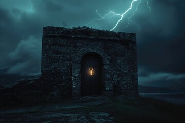 Wall Mural - a dark stone building with a striking lightning bolt. perfect for illustrating power, energy, or a d