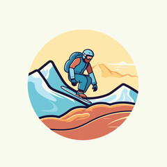 Wall Mural - snowboarder jumping on snowboard in mountains. vector illustration in cartoon style