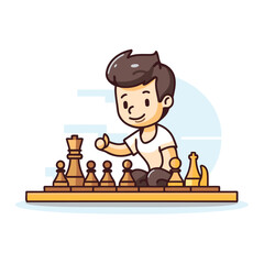 Poster - Boy playing chess vector illustration. Cartoon boy playing chess flat style.