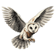 Sticker - Illustration of an owl with wings spread on a white background.