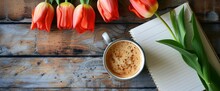 Bouquet Red Tulips Cup Coffee Notebook, Wallpapers Background