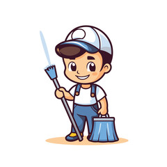 Poster - Cute cartoon janitor with broom and bucket. Vector illustration.