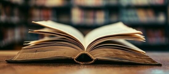 Poster - An open book with visible cover and pages, photographed on a desk in closeup.