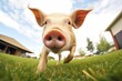 fisheye shot of pig running, focus on the snout and trotters